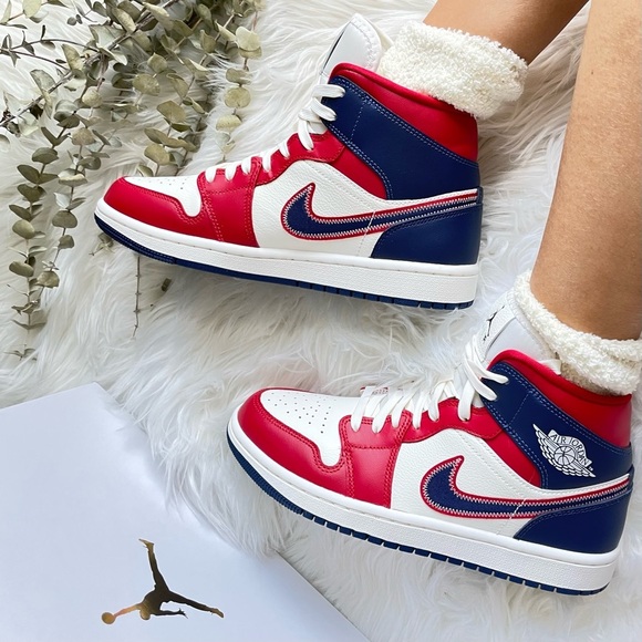 Nike Air Jordan 1 Mid SE Gym Red Sail Light Iron Ore Midnight Navy W8.5 - Picture 4 of 15